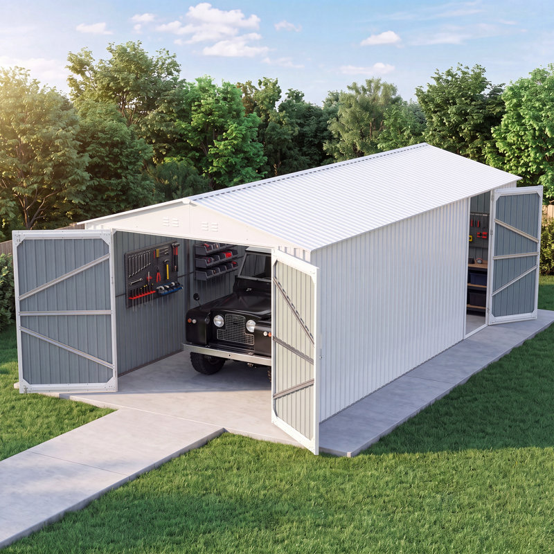 Remise de rangement extérieure 20 x 10 pi - Acier galvanisé - 1 pièce - Remise de garage - Blanc - Portes et évents doubles