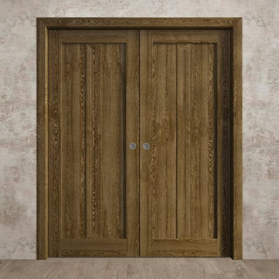 Portes coulissantes doubles à galandage de style français 64 x 96 pouces Ego 5006, ensemble de rails et quincaillerie en chêne marbré, bois massif, portes intérieures modernes pour chambre à coucher