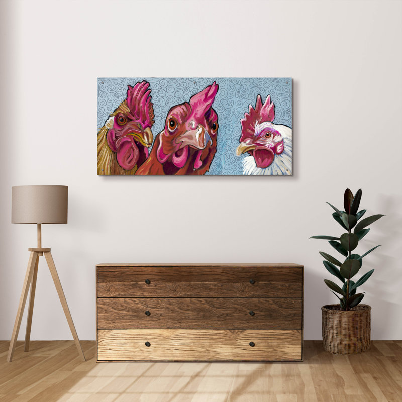 Art mural en verre Gracie Oaks «Three Chicks» par Kathryn Wronski, H 24 po x l 48 po