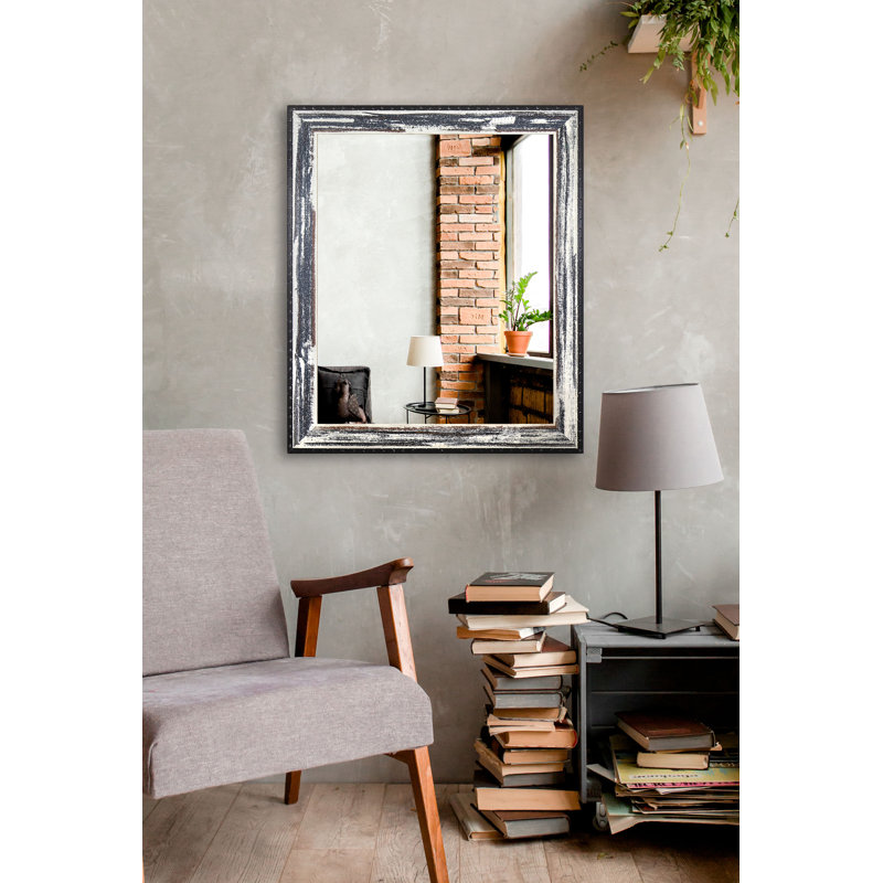 Miroir moderne et contemporain vieilli, H 30 po X l 14 po, Blanc délavé / gris foncé