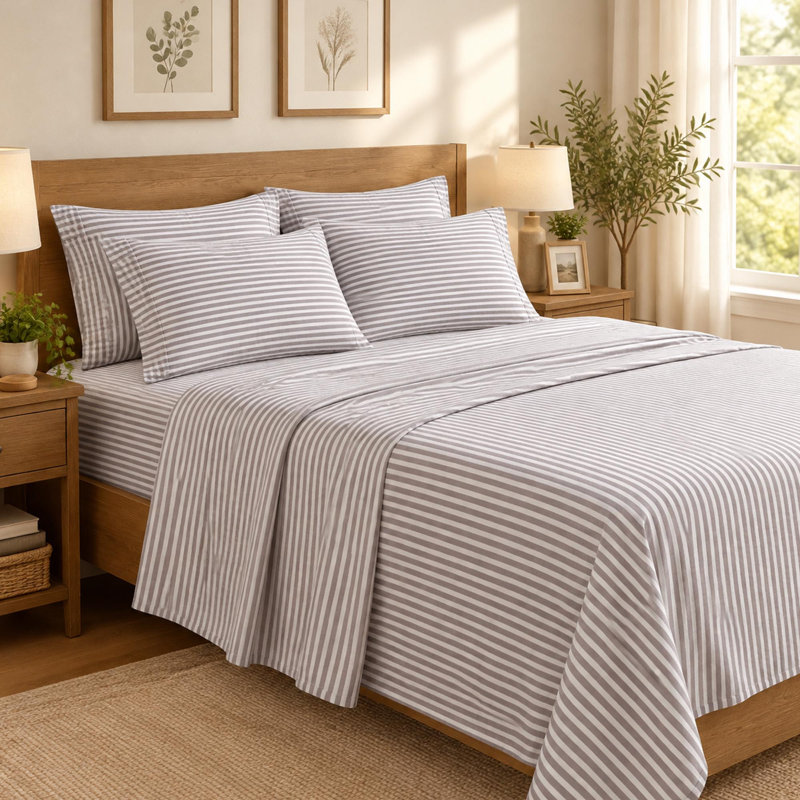Microfiber Sheet Set, King Sheet Set with 4 Pillowcases, Brown Striped