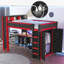 Lit mezzanine en bois avec garde-robe et bureau, tête de lit avec rangement et USB, rouge et noir