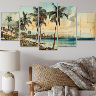 Vintage 1920 Miami Palm Trees Beachside III - impression d'art mural de la Floride - 5 panneaux