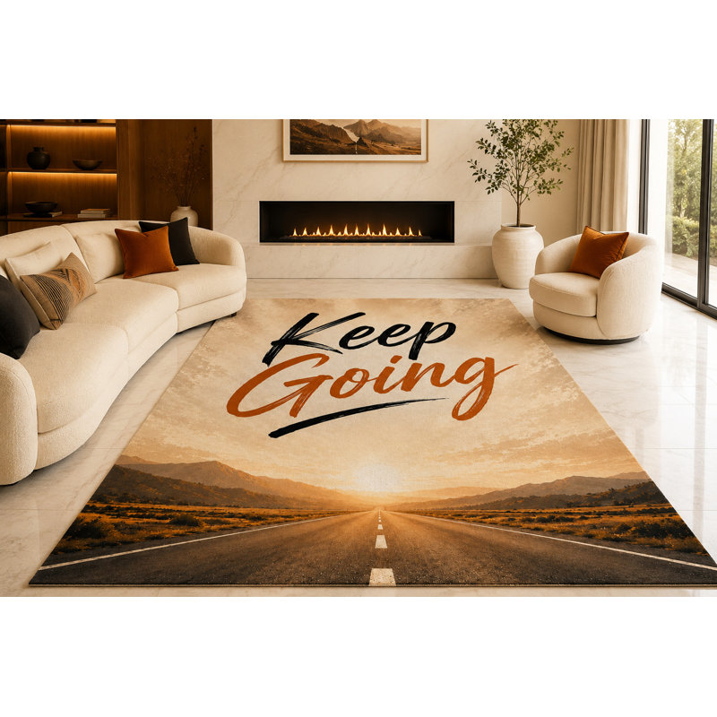 Tapis ultra-léger de 200 x 300 cm (6'7" x 9'10") avec citation inspirante « Keep Going », idéal pour le salon, la chambre et le bureau. Moquette douce à poils courts avec envers antidérapant en silicone, de couleur orange et beige.
