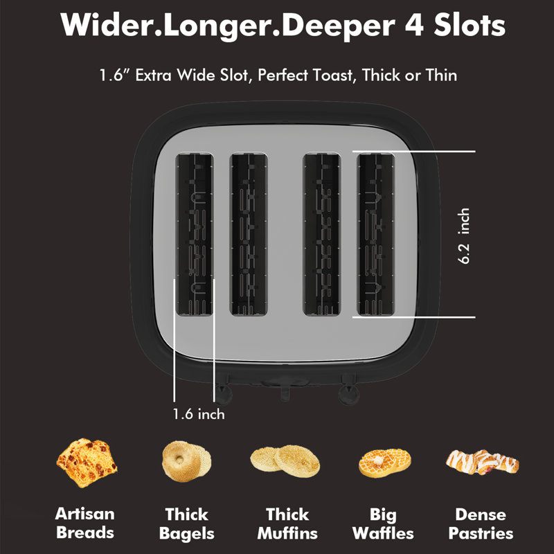 Longdeem 4-slice Toaster, 1500w, Wide Slots, Stainless Steel, 6 Settings, Black
