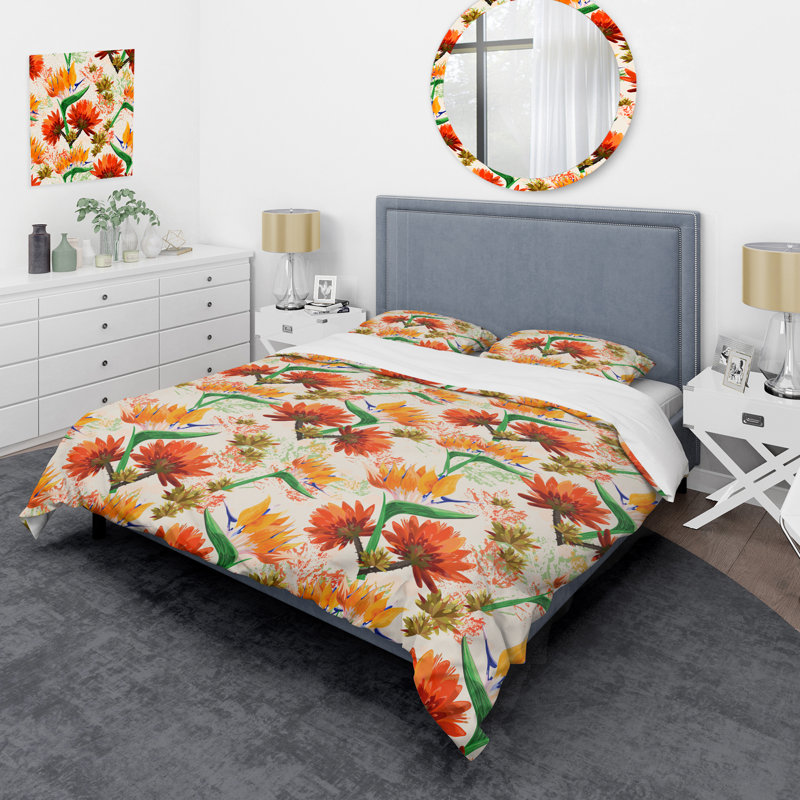 Orange Flowers And Leaves - Ensemble de housse de couette Cabin & Lodge, Housse de couette pour grand lit et 2 taies décor