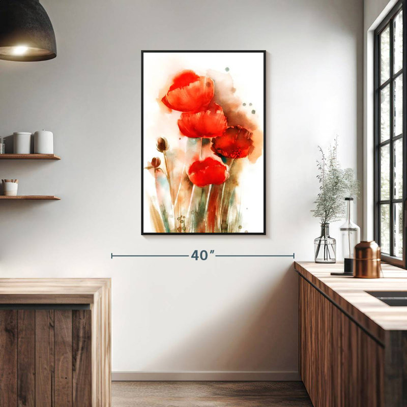 Coquelicots sauvages à l'aquarelle, 27 po x 40 po, Cadre flottant noir