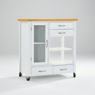 Versatile White Kitchen Island Cart with Walnut Wood Top, Rolling Storage Cabinet on Wheels Featuring Drawers and Towel Bar