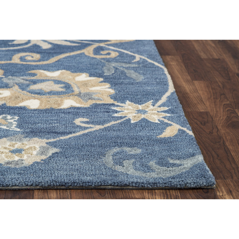 Tapis bleu en laine touffeté à la main Venery, Rectangle 9 pi x 12 pi