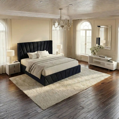 Iginia Upholstered High Headboard Storage Bed w/Hydraulic Gas Lift, Wood Slat System & Under Bed Storage