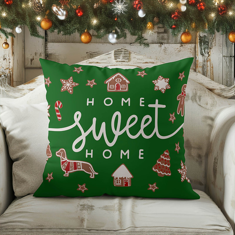 Coussin décoratif Gingerbread Home Sweet Home, Carré 16 po, Vert