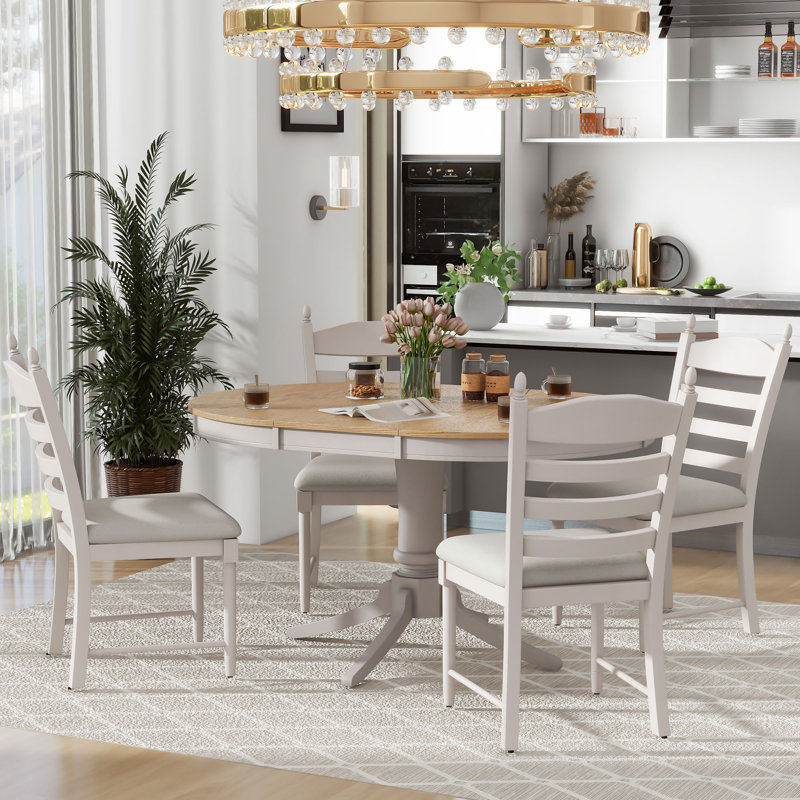 Oakham Farmhouse Retro Dining Set with Adjustable Length and Solid Rubber Wood, Gray/Off White, Off White