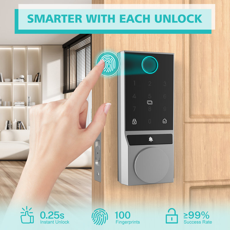WIFI Smart Lock, Fingerprint Keyless Entry Door Lock with Doorbell, Front Door Smart Lock, Silver