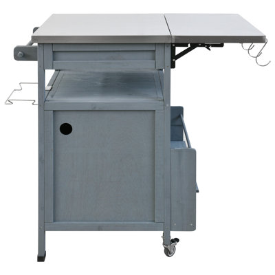 Outdoor Grill Cart with Stainless Steel Top Solid Wood Kitchen Island/Drop Leaf, Storage&Wheels