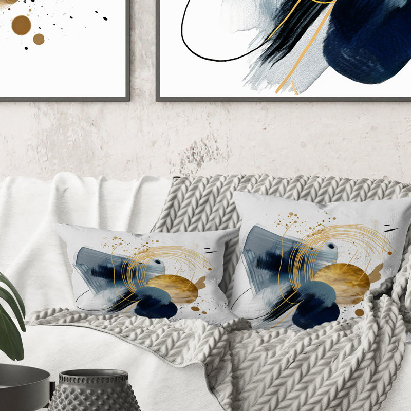 Landscape Of Dark Blue And Gold Strokes III - Abstract Geometric Printed Throw Pillow, 18" x 18"