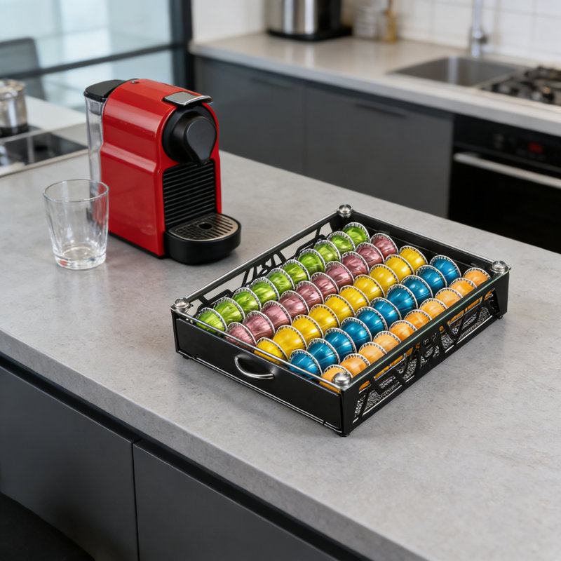 Organisateur de tiroir à dosette avec plateau en verre trempé - capacité de 50 capsules, support en métal noir élégant pour café, cuisine ou bureau