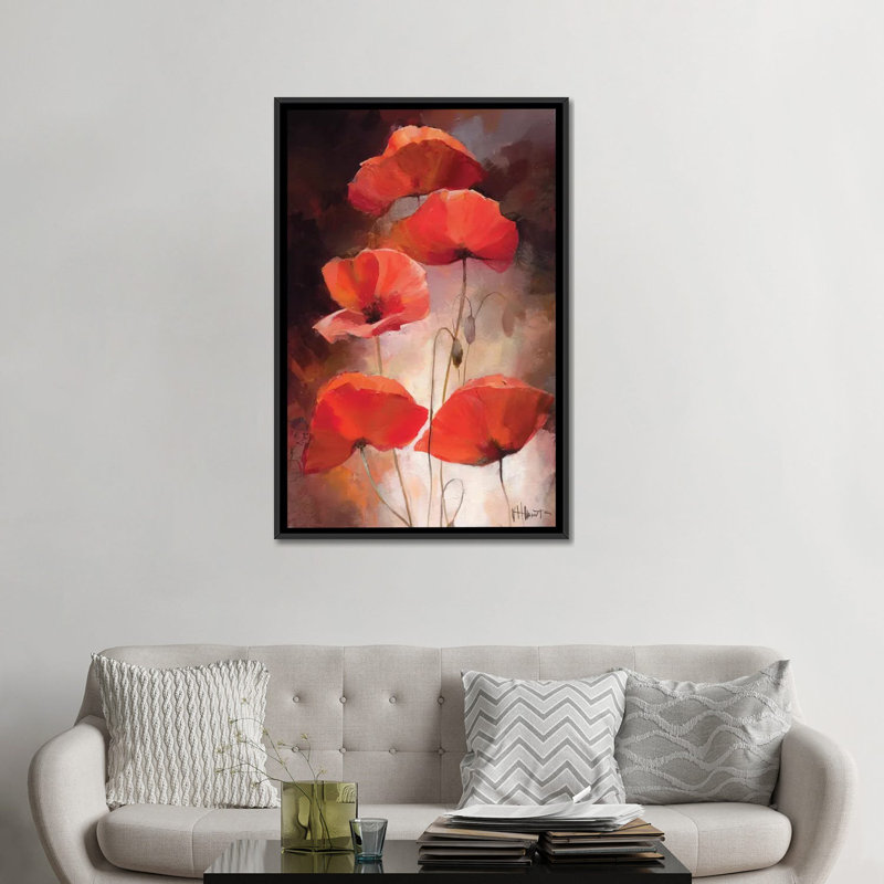 « popy bouquet ii », reproduction sur toile, H 60 po x l 40po x P 1,5 po, Toile avec cadre noir, Pas de tapis