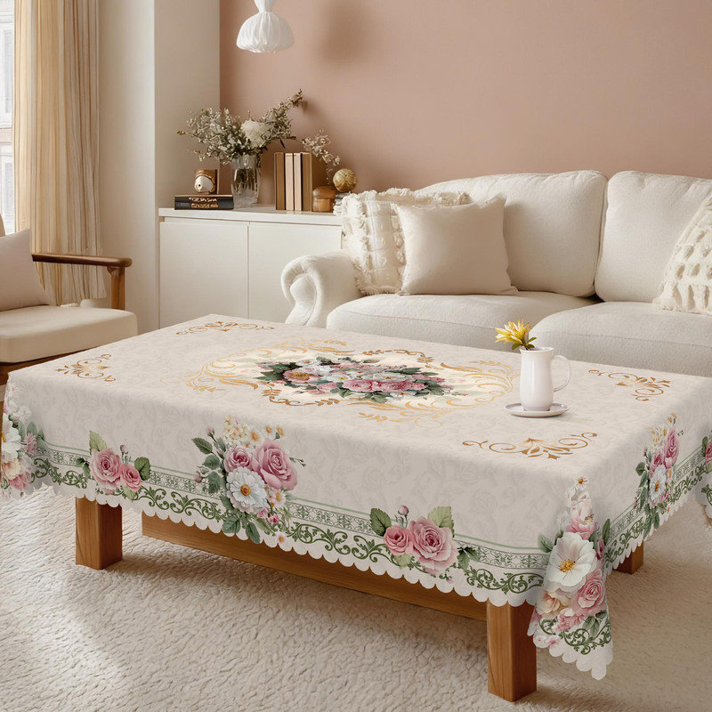 Machine-washable pink rose champagne-colored polyester tablecloth, 86.6" L x 70.8" W