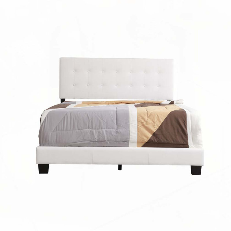 Lit rembourré en polyuréthane avec tête de lit capitonnée, élégant et confortable pour une chambre à coucher moderne, Blanc