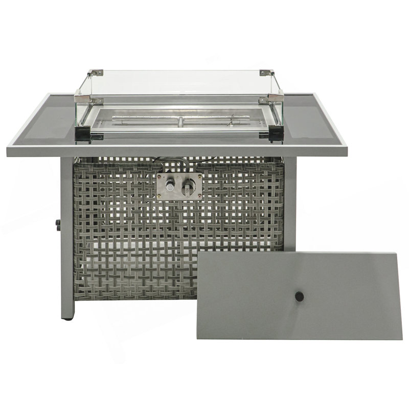 43" Propane Gas Fire Pit Table, 60000 BTU Rectangular Open Weave Wicker Fire Pit With Glass Wind Guard For Outside Patio Deck Garden Backyard
