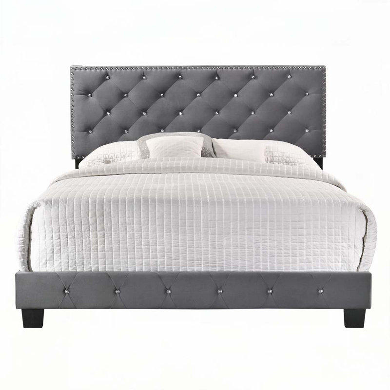 Lit rembourré en velours avec tête de lit capitonnée, Gray, King