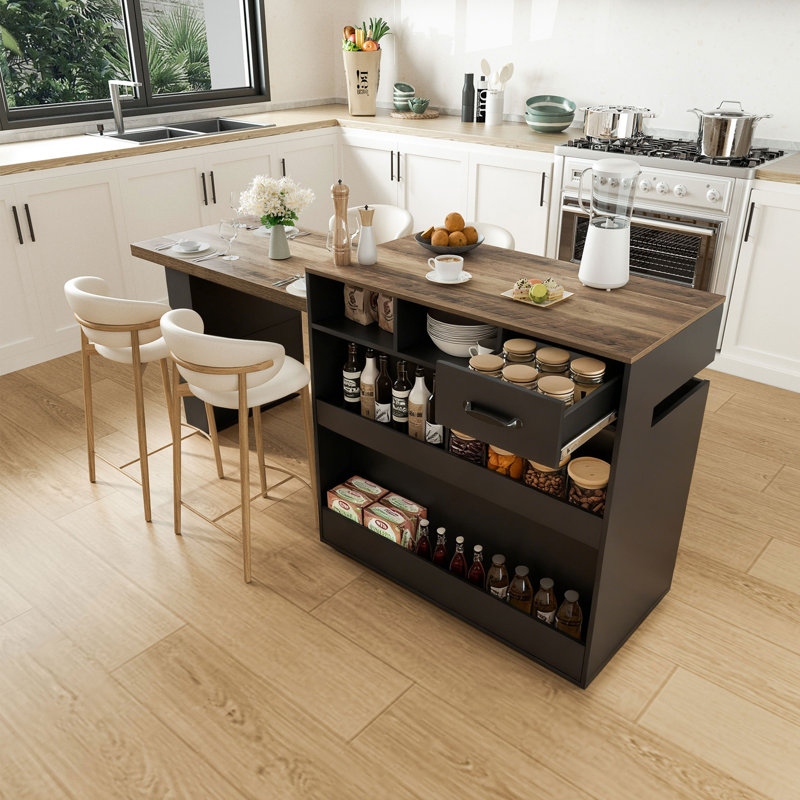 Movable Kitchen Island With Retractable Tabletop, Light Oak