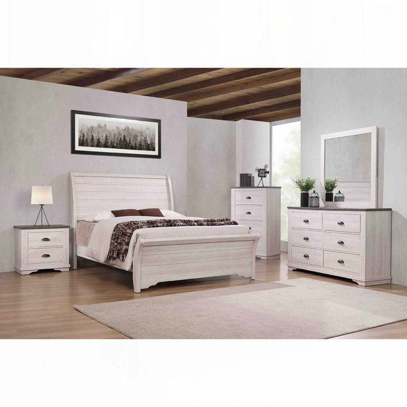 Lit plateforme Rustic Wood, Blanc cassé / gris