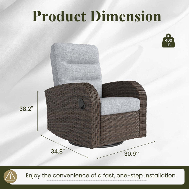 Fauteuil inclinable et pivotant surdimensionné en osier avec coussins, Coussin gris / cadre brun