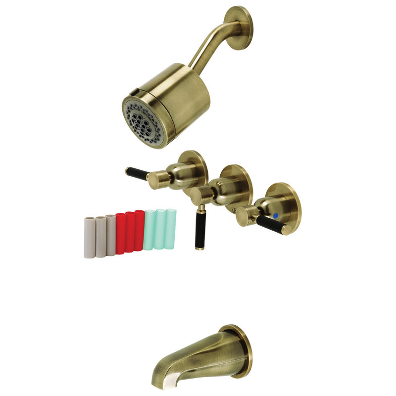 Robinet de baignoire et de douche à contrôle de volume à 3 poignées avec valve brute Kaiser, Laiton antique
