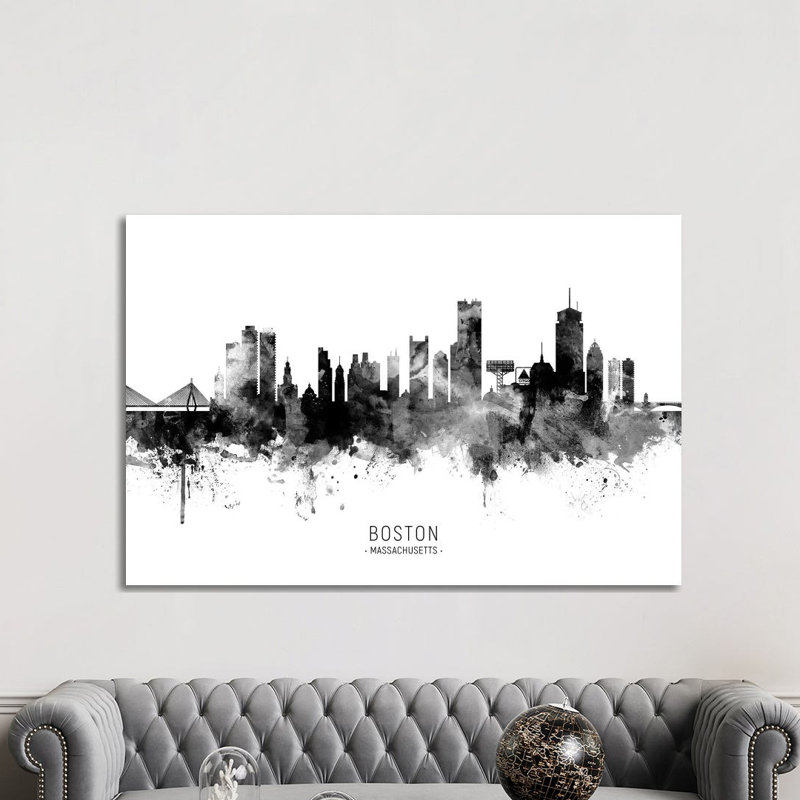 Boston Massachusetts Skyline Name Black And White by Michael Tompsett - Print on Canvas, 20.32 cm H x 30.48 cm W