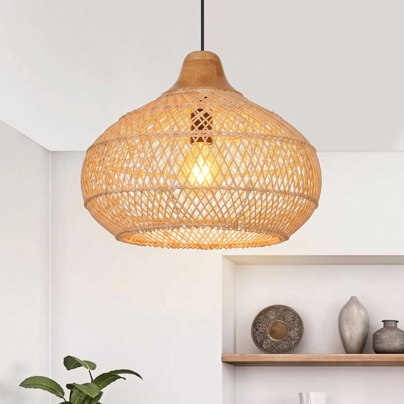 Luminaire suspendu en rotin naturel 1 lumière, H 12,6 po x l 15,75 po x P 15,75 po