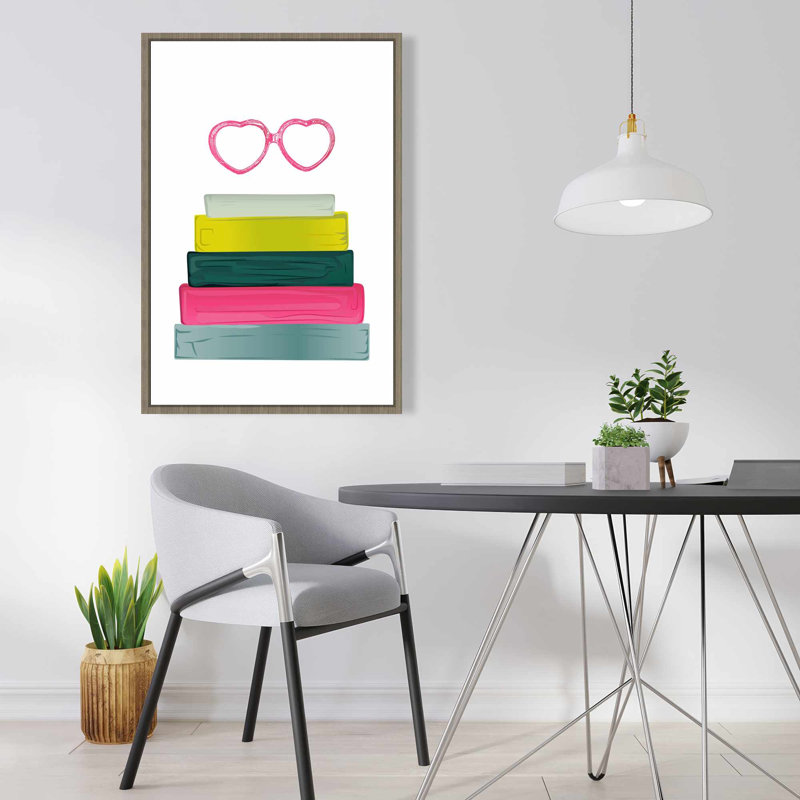 Toile encadrée jaune | Verres à cœur avec livres | Décoration intérieure