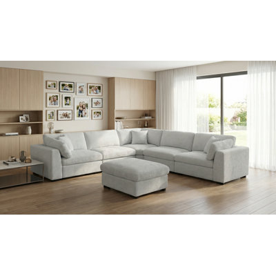 Upholstered 6-seater Comfy Modular Couch Sectional With Large Ottoman, Wider Seat & Removable Back Cushion