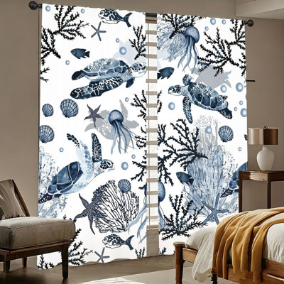 2 pièces de rideaux de méduse aquarelle de tortue de mer, motif de vie marine, corail d'océan et étoile de mer, passe-tringle, pour salon, chambre, balcon, décoration intérieure