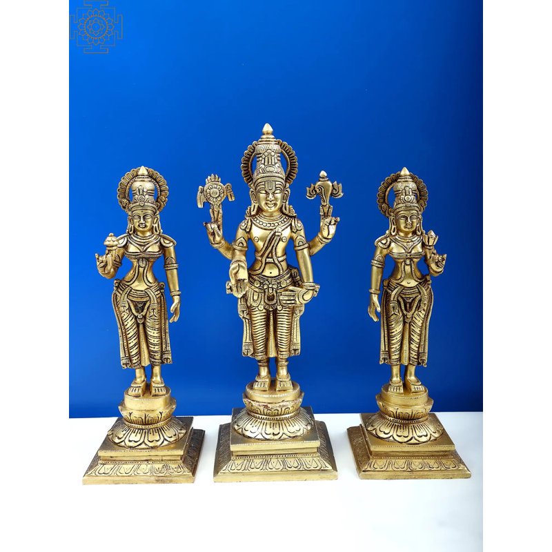 Statue 14 po Balaji en laiton avec Sridevi et Bhudevi - trio de divinités indiennes fabriquées à la main sur un piédestal orné pour une décoration spirituelle