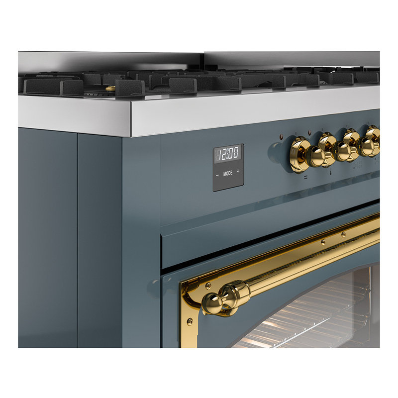 ILVE Nostalgie II Noblesse 60 in Dual Fuel Range, 9 Burner, Griddle, Blue Gray/Brass, Liquid Propane