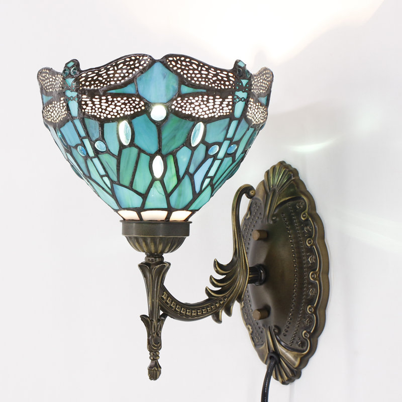 Tiffany Wall Sconce Lamp Blue Stained Glass Flower Style 8X10.5X11 Inch Plug in Wall Bedside Light for Hallway Bedroom (Green Blue Dragonfly Style)