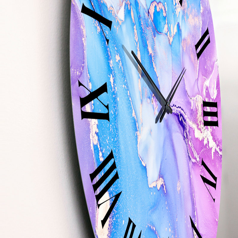 Horloge murale moderne en marbre bleu et mauve abstrait II, Surdimensionné