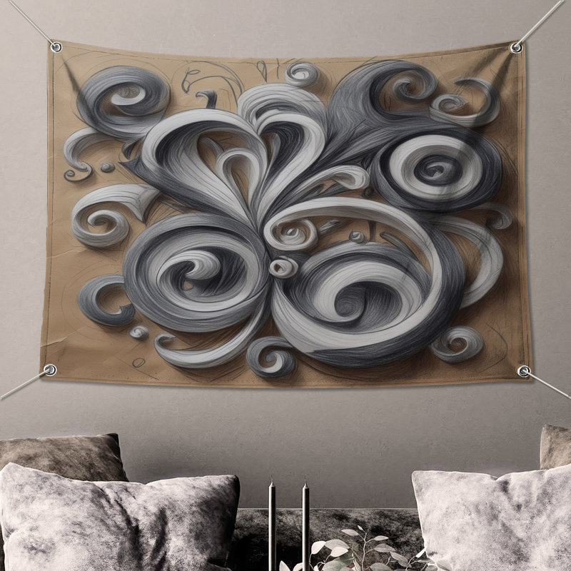 Tapisserie murale tourbillon gris et blanc, H 50 po x l 60 po avec 4 œillets