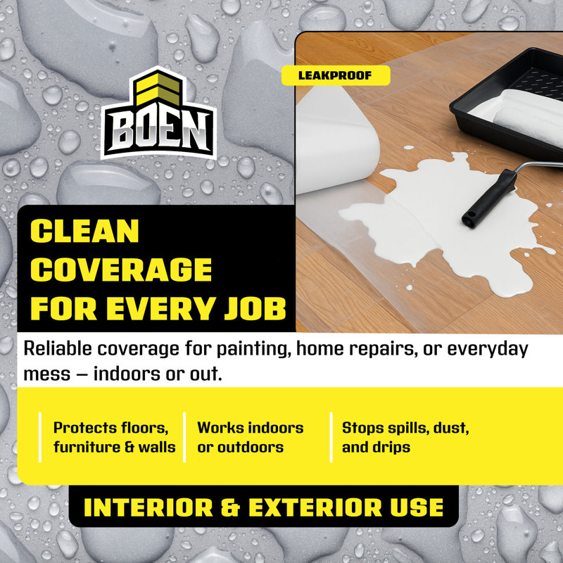 Boen Clear Plastic Drop Cloth, 9 ft x 12 ft,  4 Mil Pro Grade Painters Plastic Sheeting Roll, Waterproof, Tear-Resistant Paint Tarp for Furniture, Floors, Windows, Dust Protection – Multipurpose