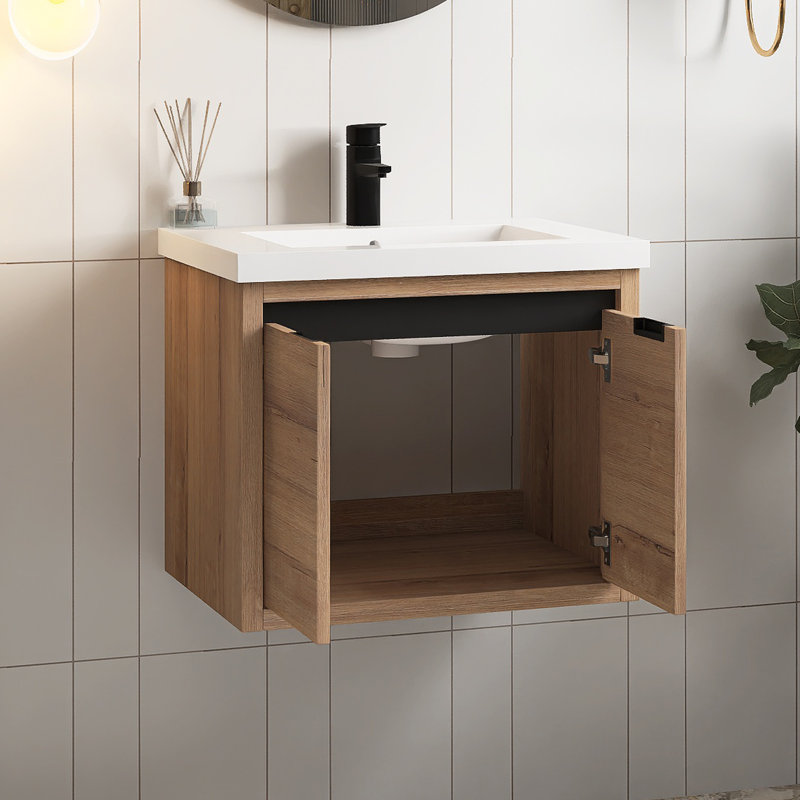 Meuble-lavabo mural 24 po avec lavabo pour petite salle de bain, Brun