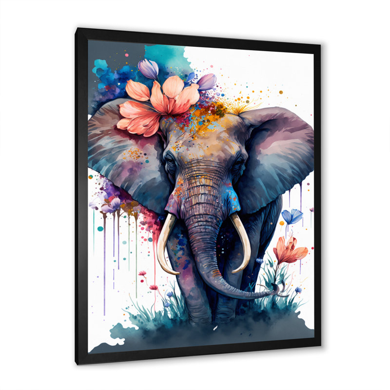 «Cute Elefant Floral I», impression sur toile, Impression noire sur toile encadrée, H 20 po x l 12 po x P 1 po