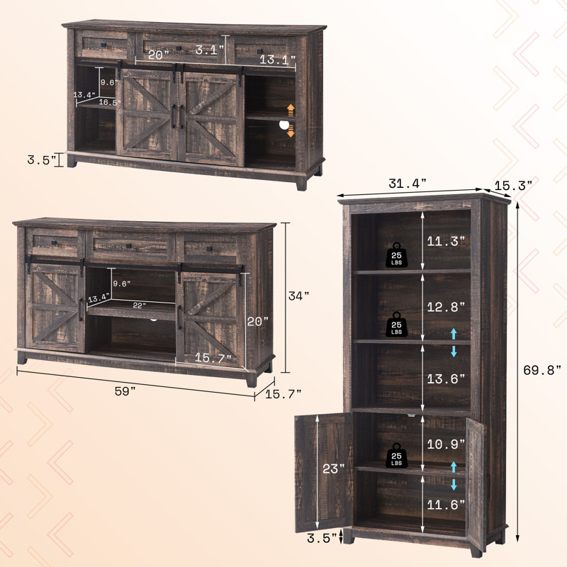  Chimira 3- Piece TV Stand Bookcases Living Room Table Set, Gray, Gray