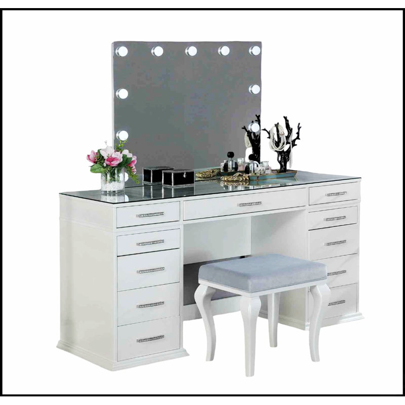 Glam Style Vanity Set With Padded Stool, 8Mm Glass Top, Storage Drawers, And LED-Lit Mirror For Luminous Bedroom Decor