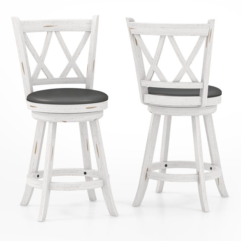 White Swivel Counter Stools with Faux Leather Seats, Set of 2