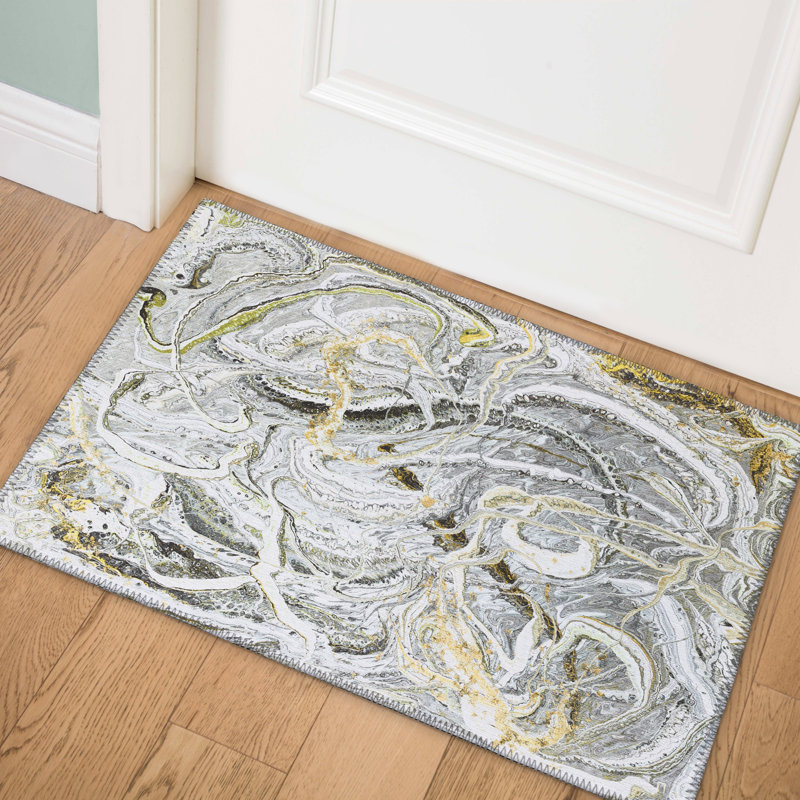 Tapis gris / or à motif abstrait tissé à la machine, Rectangle 1 pi 8 po x 2 pi 6 po