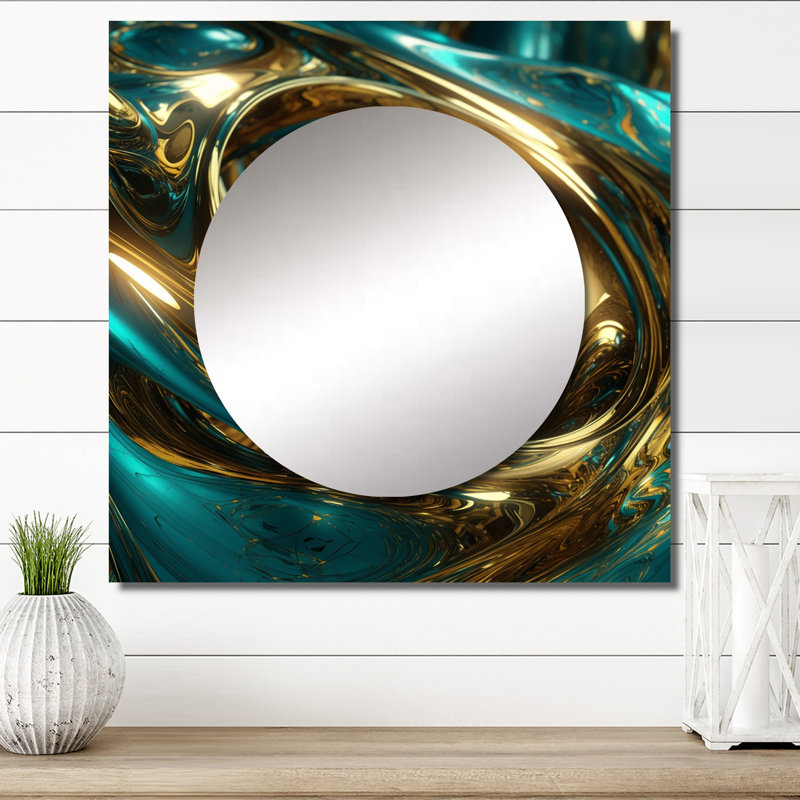 Rhyth of Infinity 3D turquoise or sphère III - miroir carré abstrait fractal pour décoration murale, 36 po x 36 po