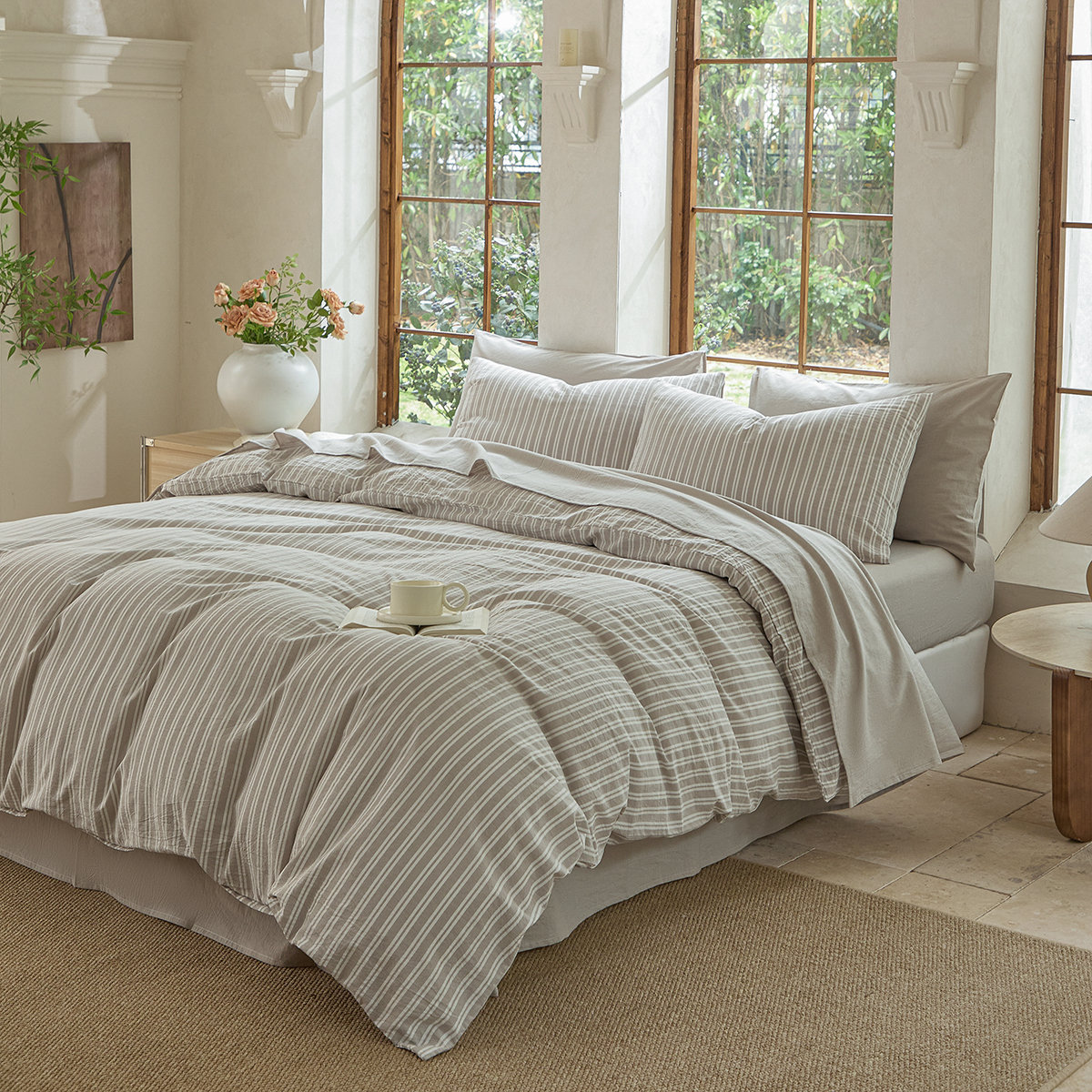 DONEUS Striped Duvet Cover Set 100% Washed Cotton Linen Like Soft Feelling Breathable Bedding & Reviews | Wayfair