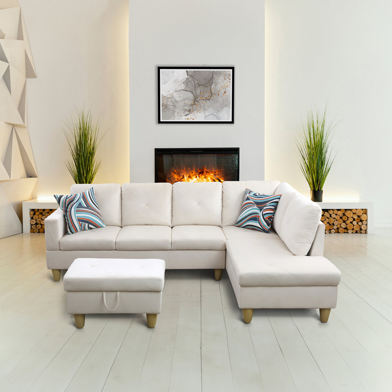 Amayrani Upholstered L-Shaped Sectional, White, Right Hand Facing