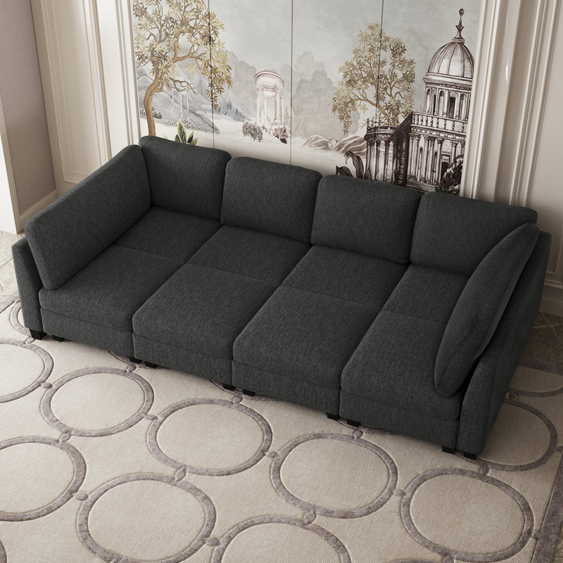 Large Sofa, 35 Inches Seat Depth Frost-Velvet Upholstered Modular Sofa Sleeper Couch With Removable Cushion Cover, Dark Gray